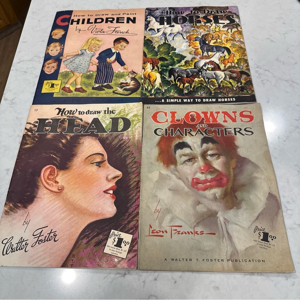 Vintage Walter Foster 4 How to Draw Art Books - Children, Horses, Head, Clowns